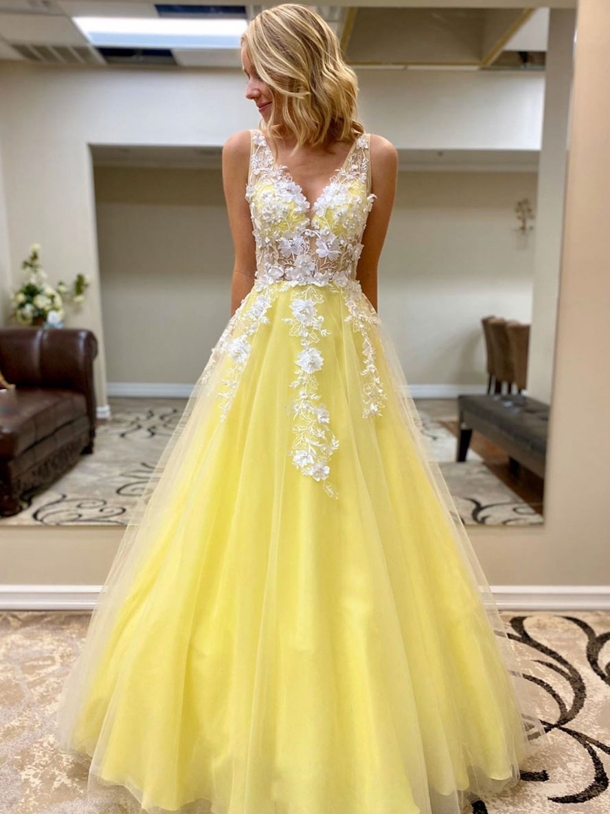 Yellow tulle lace long prom dress 
