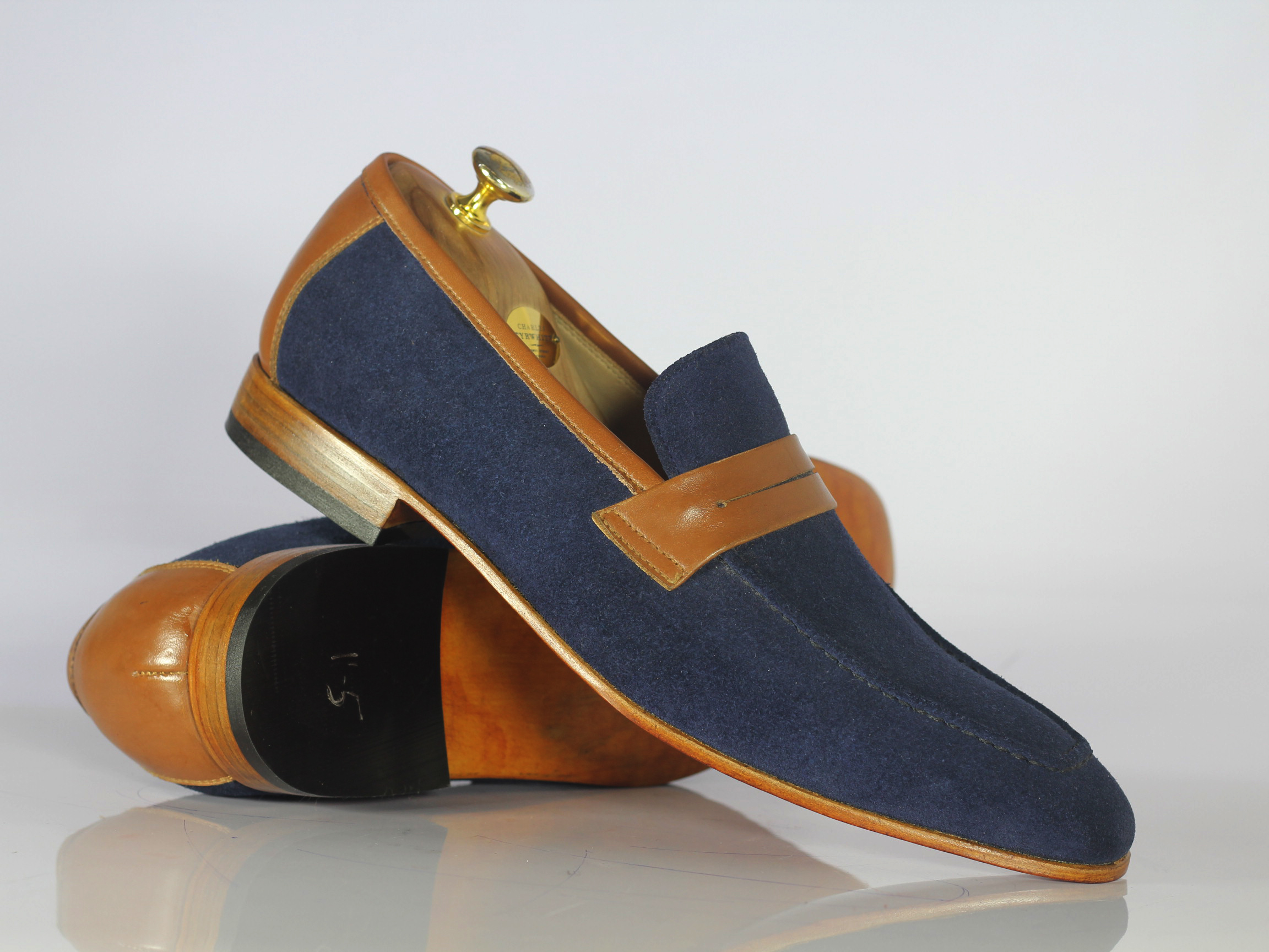 Handmade Men's Blue Suede Brown Leather 