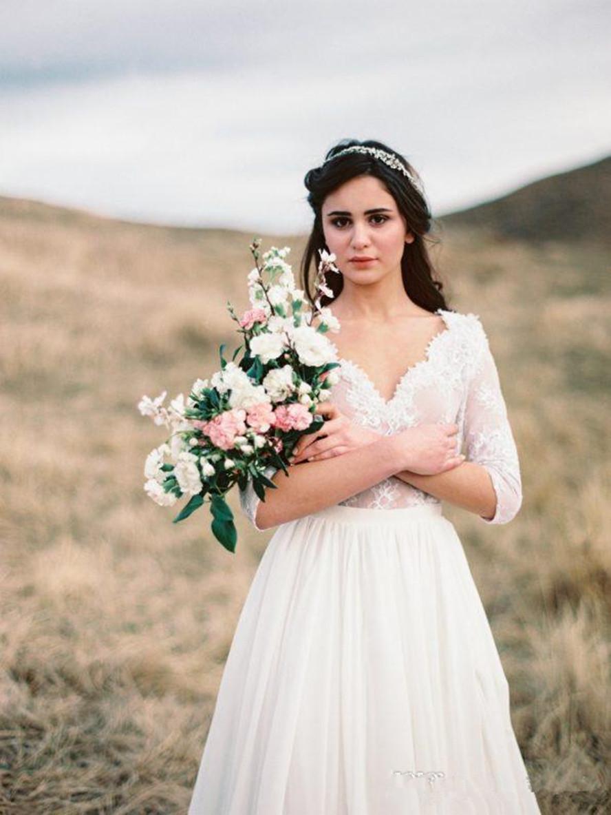 New West Country Beach Wedding Dresses A Line V Neck 3/4 Long Sleeve