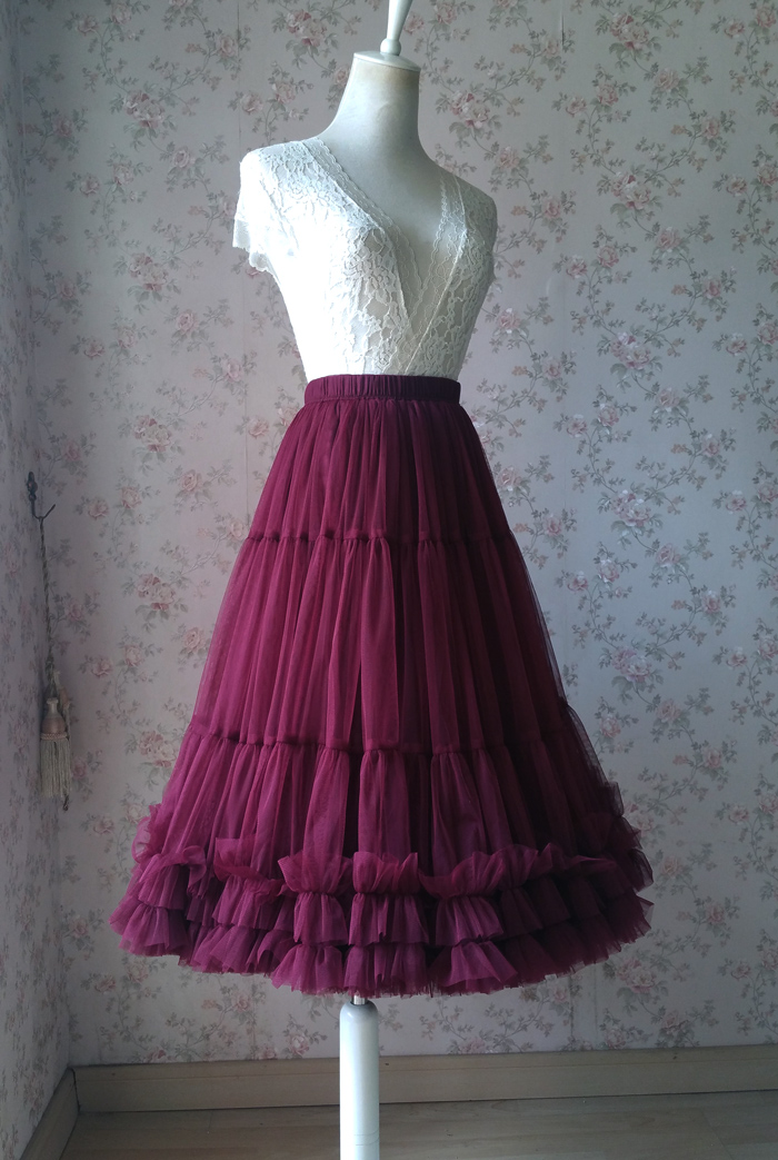 Women Burgundy Midi Tulle Skirt High Waist Ruffle Tulle ...