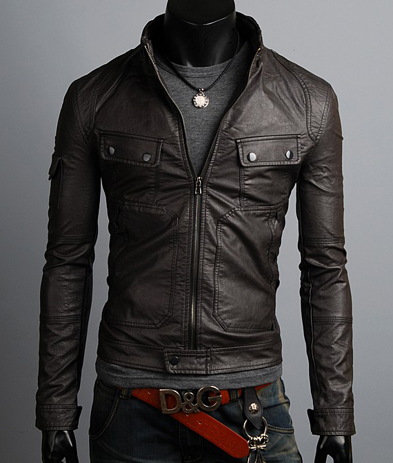 Classic Men Jacket Black Leather Belted Tab Collar Two Pockets and