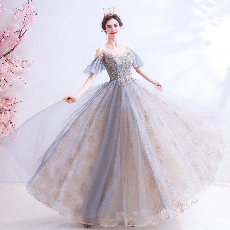 Stylish tulle sequins long prom dress 