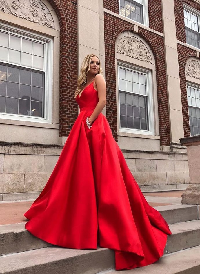 Red Satin Long Prom Dresses 