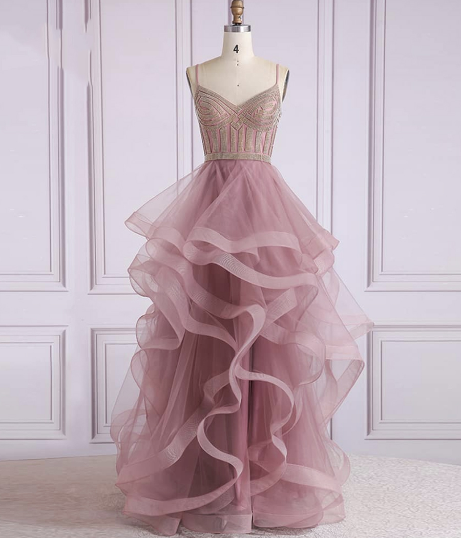 A line tulle beads long prom dress 