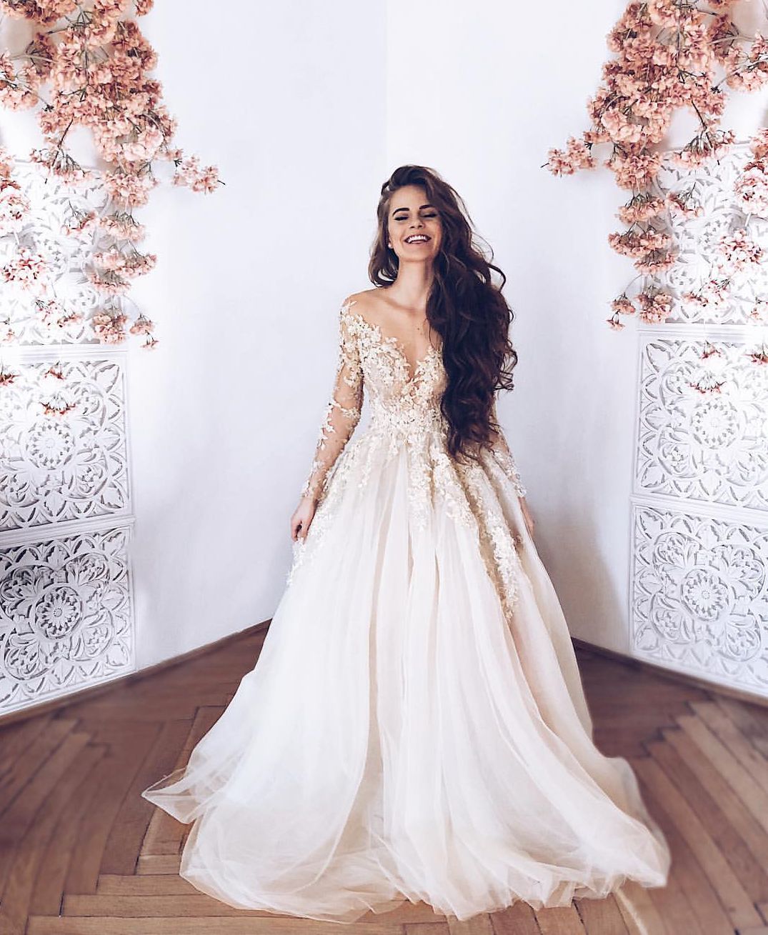 champagne lace tulle long prom dress 