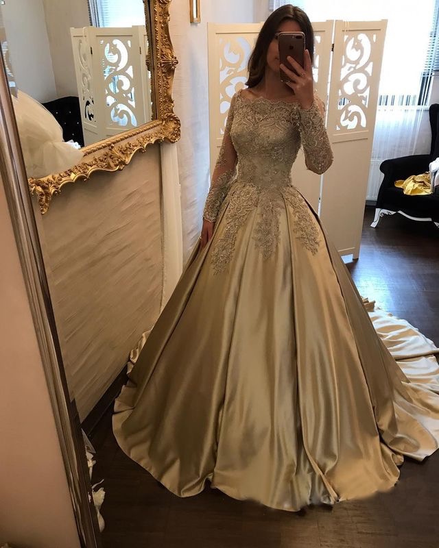 Gold satin lace long prom dress 