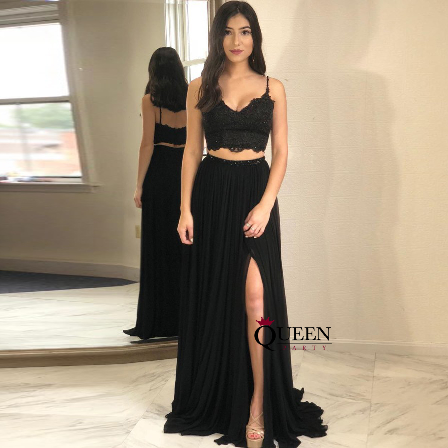 Lace Crop Top Long Chiffon Prom Dress 