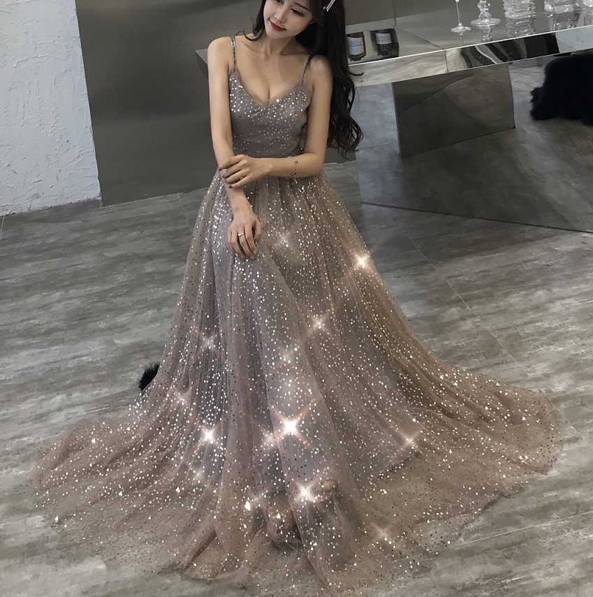 Get the Shiny tulle sequins long prom 