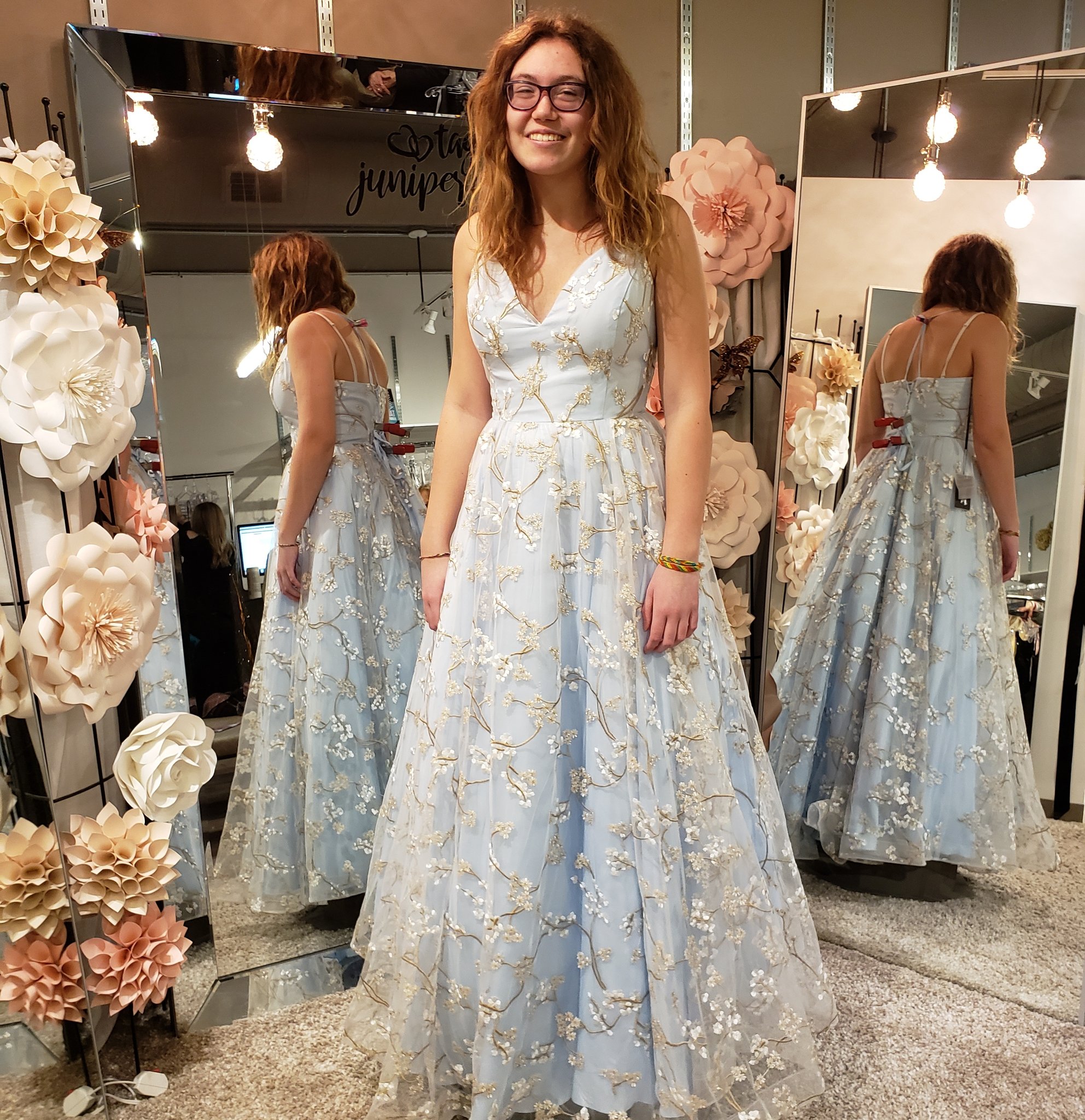 light blue floral prom dress