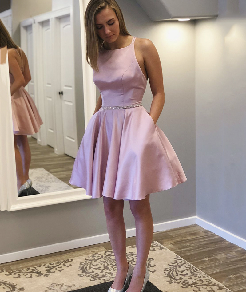 Pink satin short prom dress cute 