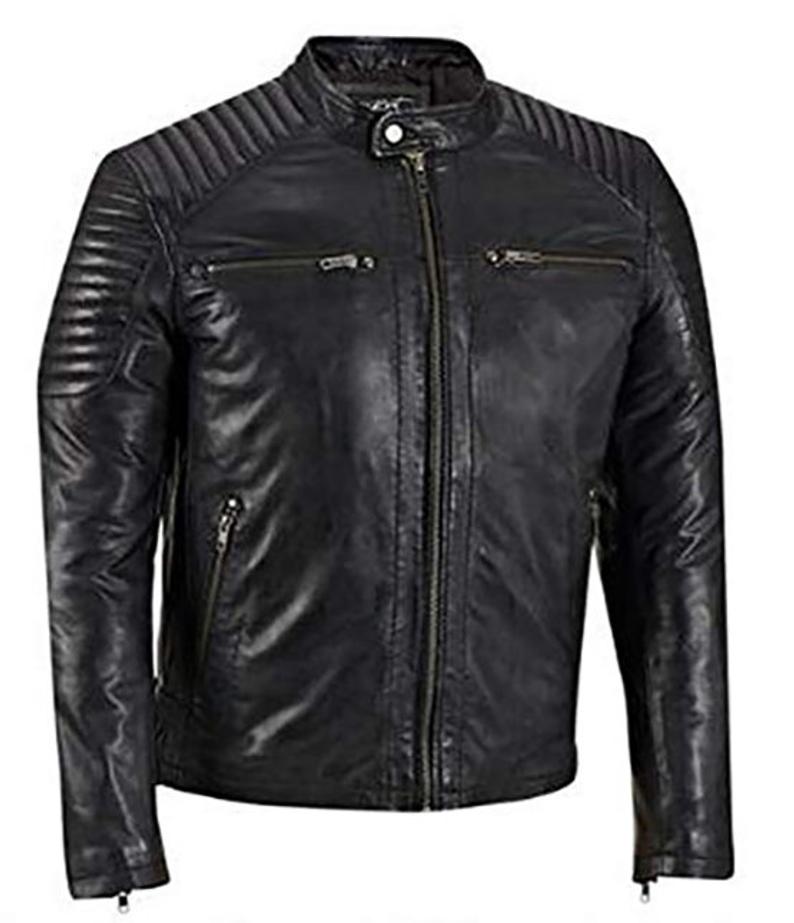 Mens Biker Vintage Cafe Racer Motorcycle Gold Black Handmade Lamb Leather Jacket