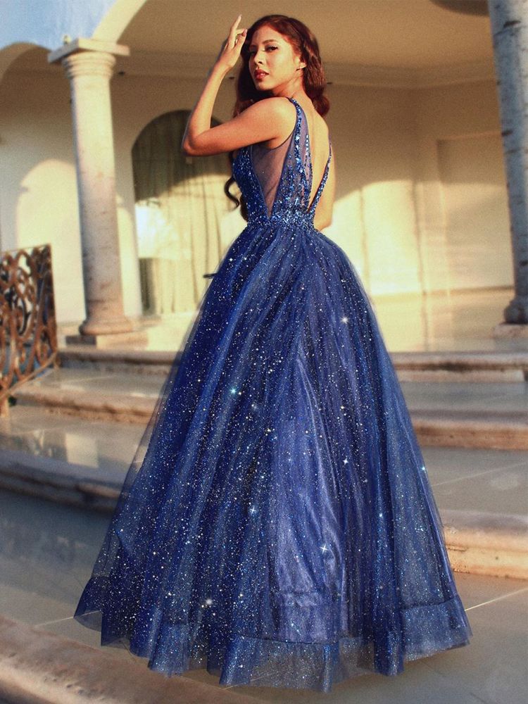 Navy Blue Beaded Long Prom Dresses 