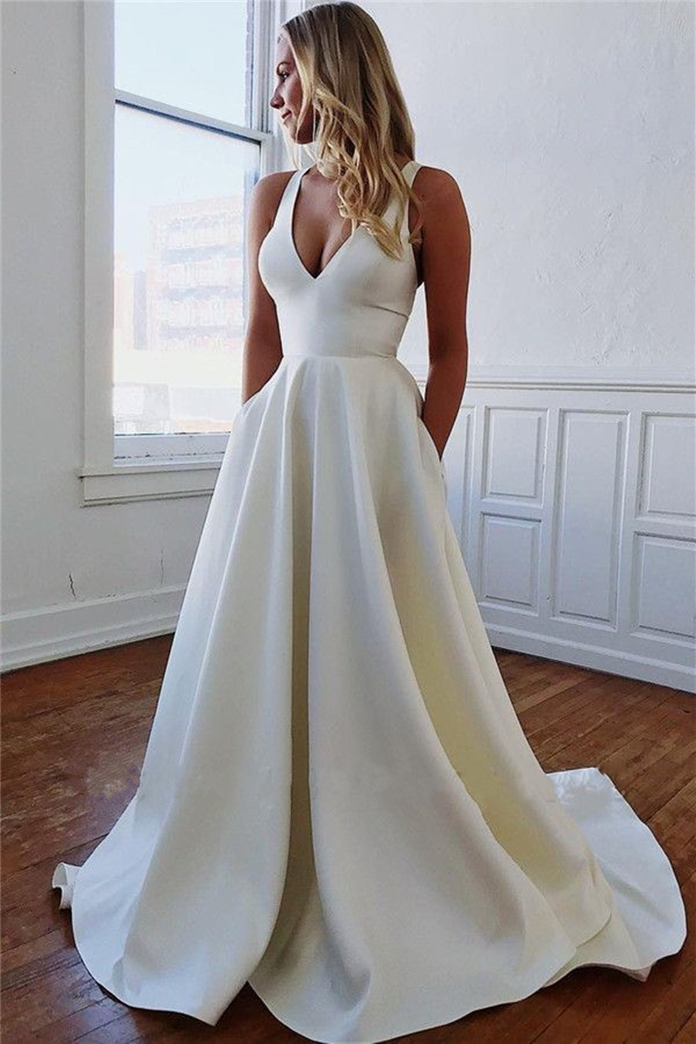 V Neck Satin Long Prom Dress 