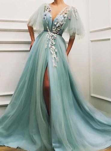 Long Tulle V Neck Lace Cap Sleeve 