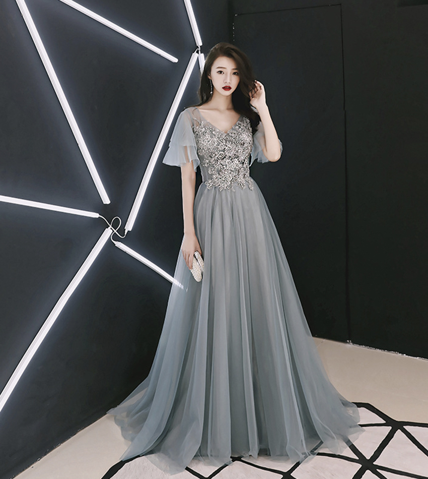 Get the Grey tulle lace long prom dress 
