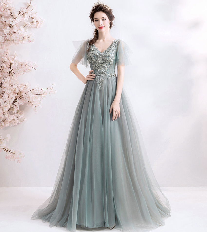 Elegant v neck lace long prom dress 