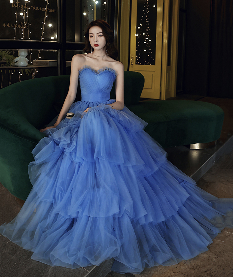 Blue tulle long prom dress blue evening 