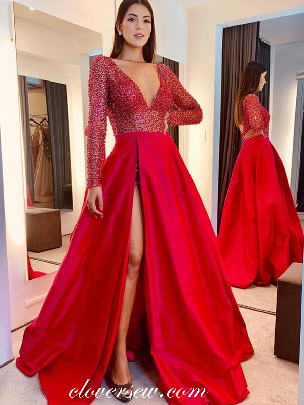 Red Prom Dresses,Long Sleeves Prom Dresses, V-neck Prom Dresses,CP0064 Â· cloversew Â· Online 