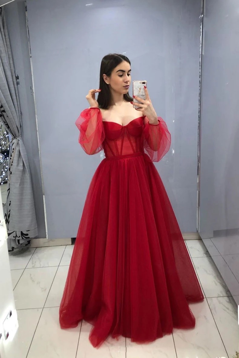 Burgundy Tulle Long Sleeves Prom Dress 
