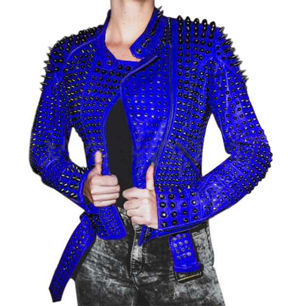 blue color leather jacket