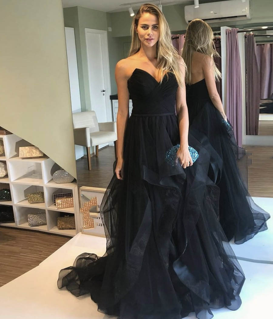 A Line Sleeveless Black Prom Dresses 