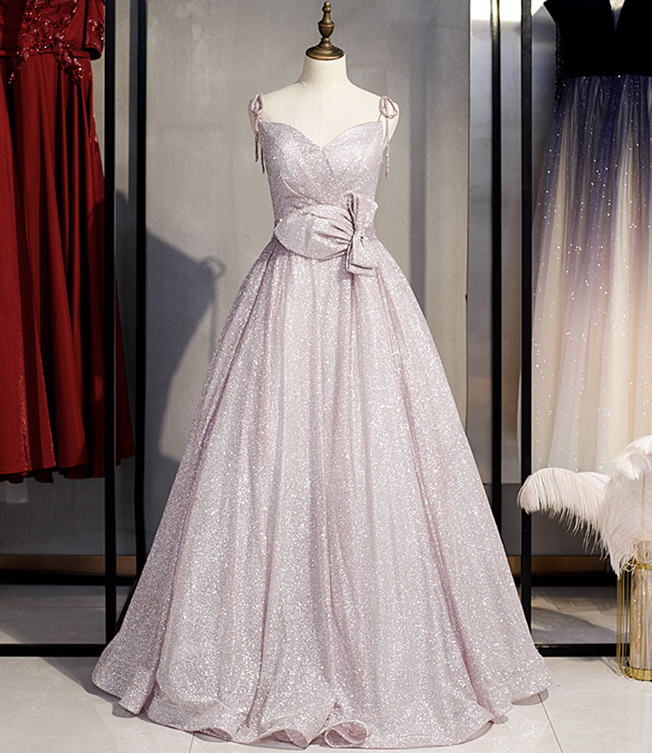 Shiny v neck sequins long prom dress A 