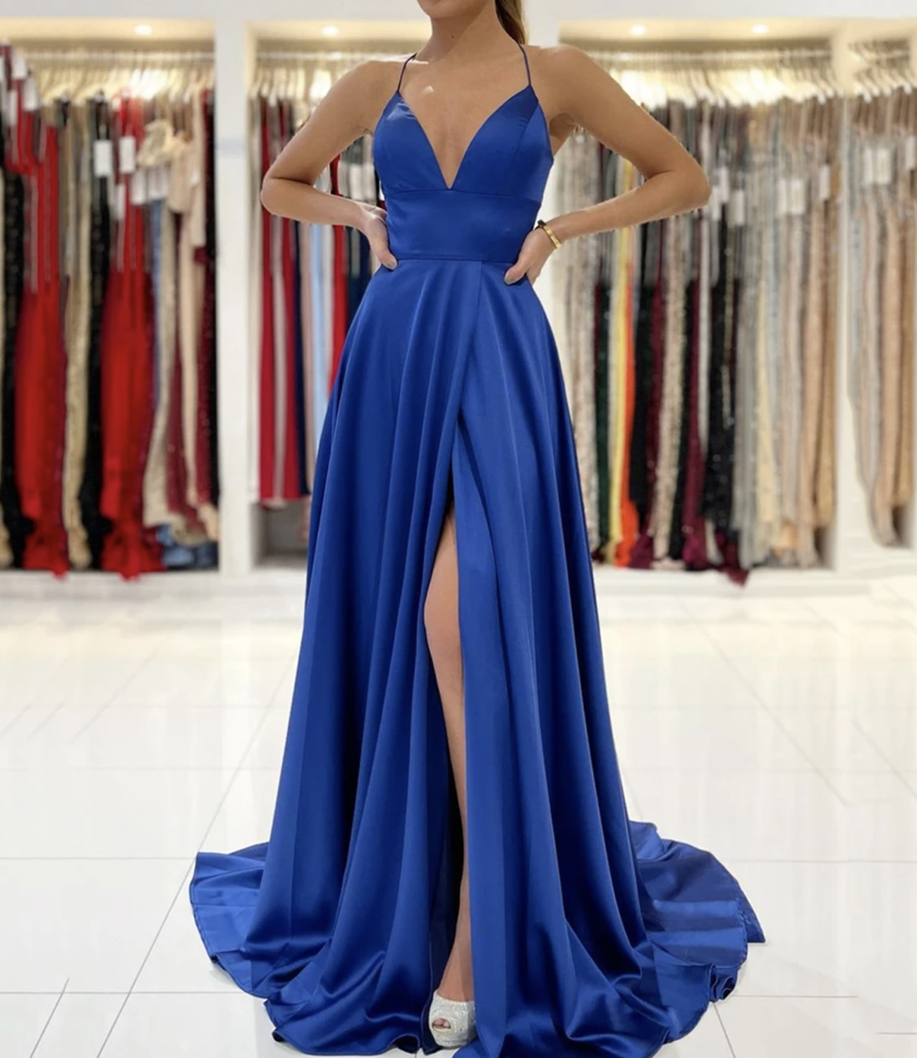 blue maxi prom dress