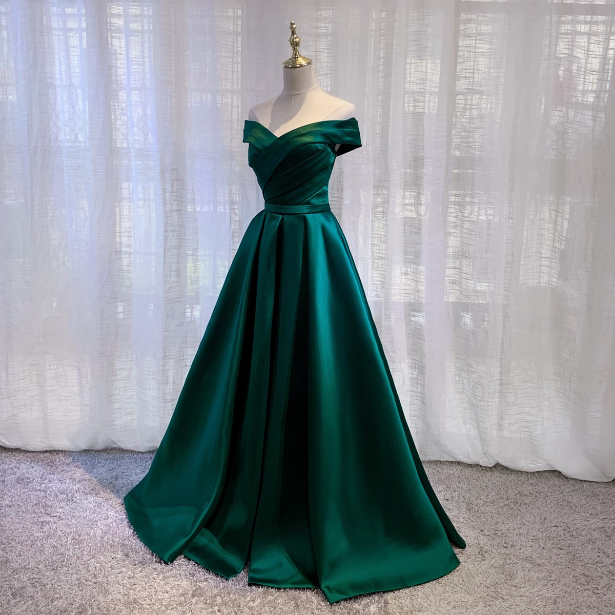 dark green satin prom dress