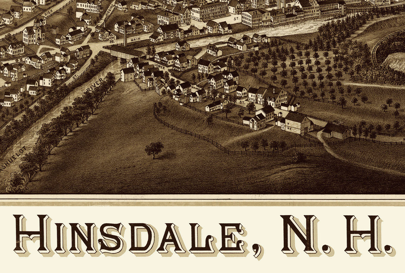 Hinsdale, NH in 1886 Bird's Eye View Map, Aerial, Panorama, Vintage