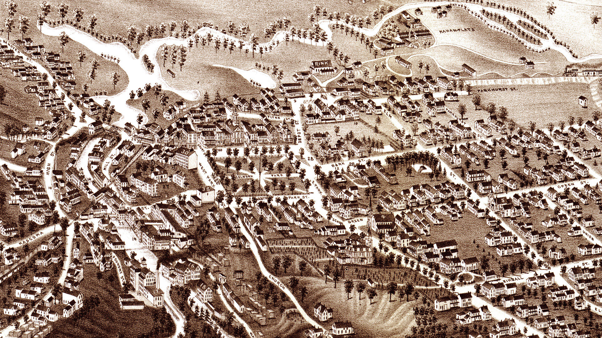 Lebanon, NH in 1884 Bird's Eye View Map, Aerial Map, Panorama, Vintage map, Antique map