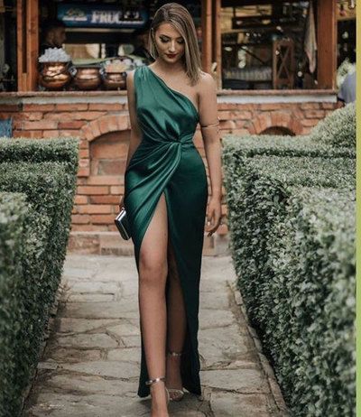 Green Silk Satin Long Prom Dresses 